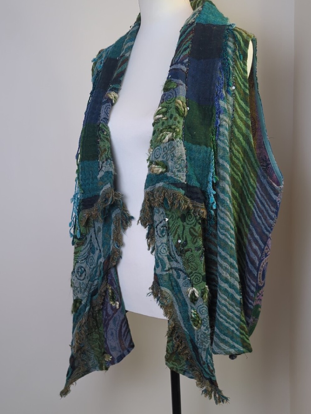 Anu by Natural 100% Wool Paisley Patchwork Beaded Boho Draped Vest Green Blue XL - Picture 11 of 16